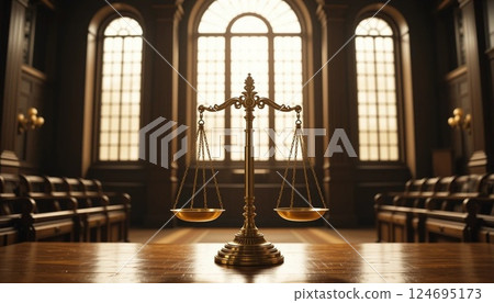 Golden Scales of Justice in Courthouse | Symbol of Law, Fairness, and Legal Authority. 124695173