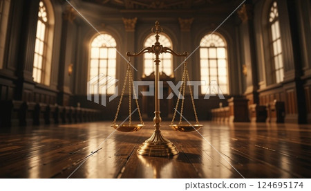 Golden Scales of Justice in Courthouse | Symbol of Law, Fairness, and Legal Authority. 124695174