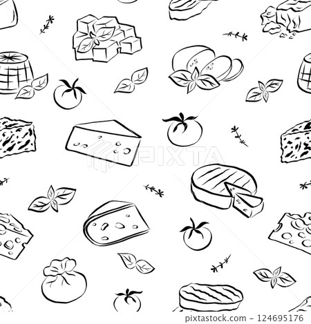 Seamless pattern with hand drawn different types of cheese and tomatoes, basil, thyme. Background for print, menu, restaurant, packaging. Vector illustration Seamless pattern with hand drawn different types of cheese and tomatoes, basil, thyme. Background for print, menu, restaurant, packaging. Vector illustration 124695176