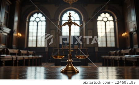 Golden Scales of Justice in Courthouse | Symbol of Law, Fairness, and Legal Authority. 124695192