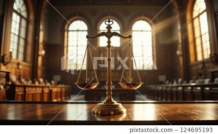 Golden Scales of Justice in Courthouse | Symbol of Law, Fairness, and Legal Authority. 124695193