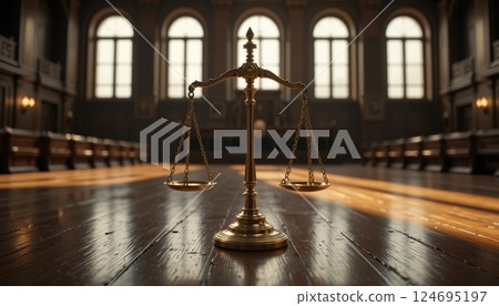 Golden Scales of Justice in Courthouse | Symbol of Law, Fairness, and Legal Authority. 124695197