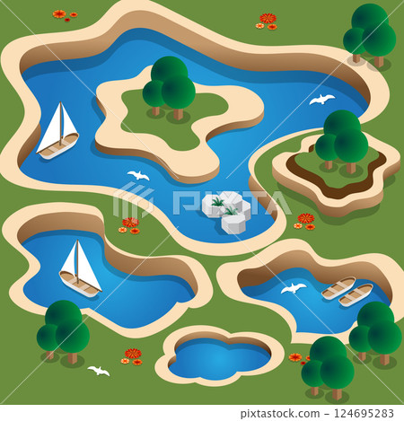 Natural landscape. Lake. Isometric. Vector illustration. 124695283