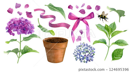 Watercolor set of hydrangea, flower pot, petals, bumblebee, branch, leaves and pink bow isolated on white background. Good for postcards, invitations, greeting cards. Watercolor set of hydrangea, flower pot, petals, bumblebee, branch, leaves and pink bow isolated on white background. Good for postcards, invitations, greeting cards. 124695396