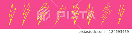Hand draw yellow thunder doodle with crackle effects. Retro lightning bolt flash logo. Flat vector illustration isolated Hand draw yellow thunder doodle with crackle effects. Retro lightning bolt flash logo. Flat vector illustration isolated 124695489