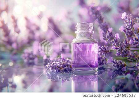 Bottle of natural cosmetic oil and lavender flowers. 124695532