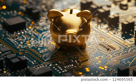 Money and technology. Golden piggy bank placed on computer circuit board. 124695565