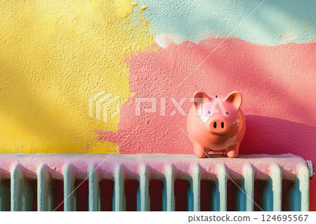 Save heating costs. Piggy bank on the old radiator against clored wall background. 124695567