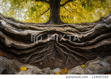 Tree with roots in soil, soil cross section. 124695569