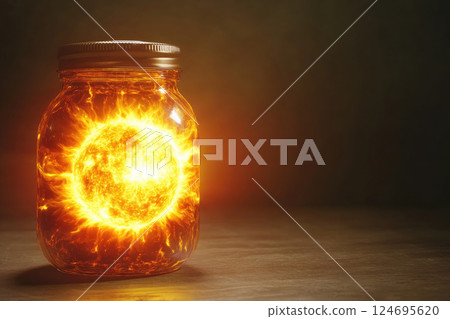 The sun in a jar, bursting with radiating glow. Idea concept of solar  energy. 124695620