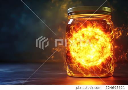 The sun in a jar, bursting with radiating glow. Idea concept of sun power energy. 124695621