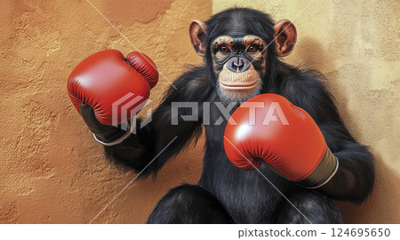 An ape with red boxing gloves, posing like a champion. 124695650