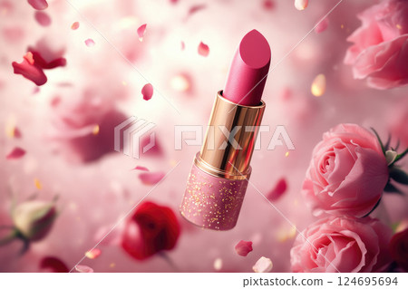 A pink lipstick is surrounded by petals of rose flowers. A pink lipstick is surrounded by petals of rose flowers. 124695694
