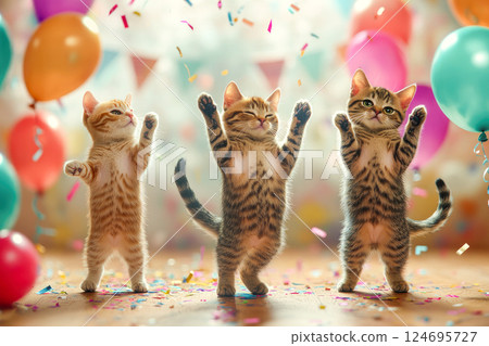 Festive background with a dancing cats for birthday or new year. 124695727