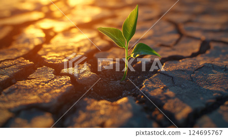 A dry, cracked earth with small green plant sprouting at the top, symbolizing resilience in harsh conditions. 124695767