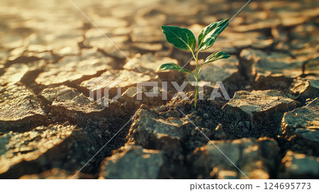 Young plant grow on dry, cracked soil. Shows that there is hope in life and can always start over. 124695773