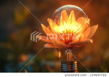 Abstract image of blooming flower with a glowing light bulb. 124695784