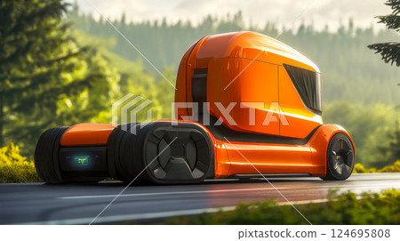 An orange futuristic semi-trailer truck cab without trailer on a green forest road. 124695808