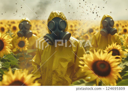 Creepy janitors wearing gas masks and yellow overalls in a field of sunflowers. Concept of air pollution. 124695809