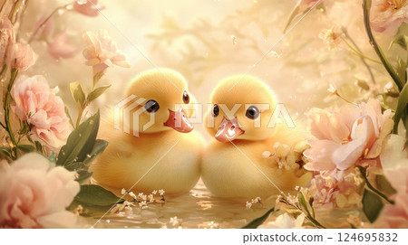 Two cute little yellow ducklings swimming in a pond water with summer flowers background. 124695832
