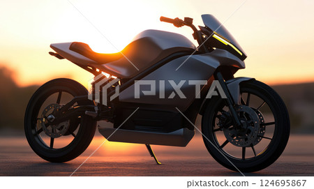 Futuristic electric motorcycle on a road at sunset. 124695867