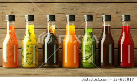 Bottles with different sauces for salad on wooden background. 124695917