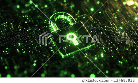 Green circuit board with a glowing padlock symbol on top. Cybersecurity concept. Green circuit board with a glowing padlock symbol on top. Cybersecurity concept. 124695938