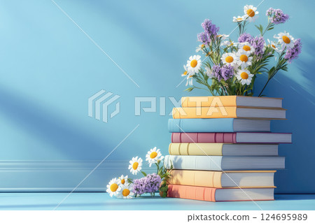 Stack of books with a bunch of flowers against blue background. Book day. 124695989