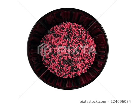 Candy sprinkle pile, round sugar sprinkles, small sweet color confectionery decoration balls 124696084