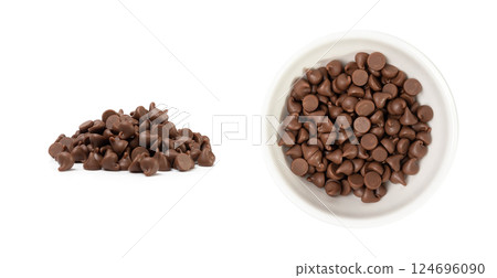 Chocolate Chips Isolated, Scattered Chocolate Sprinkles, Decorative Cocoa Drops, Cookie Decoration Ingredient 124696090