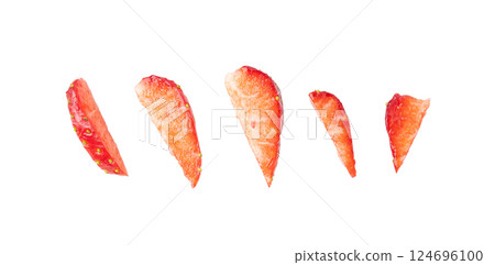 Strawberry pieces isolated, red berry cut set, fresh strawberries slices, summer food ingredient 124696100