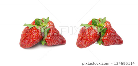 Fresh strawberry isolated, whole ripe straw berry, red juicy imperfect strawberri with green leaves 124696114