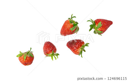 Fresh strawberry isolated, whole ripe straw berry, red juicy imperfect strawberri with green leaves 124696115