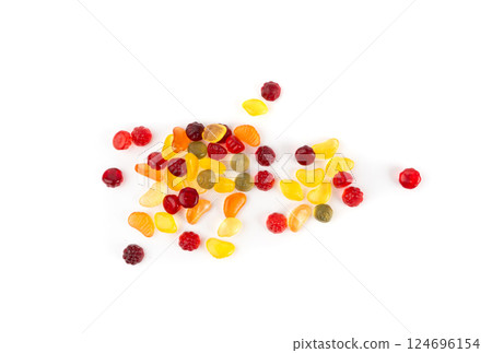 Fruit gummy candy pile isolated, vegan chewing marmalade pills, jelly gumdrops heap 124696154