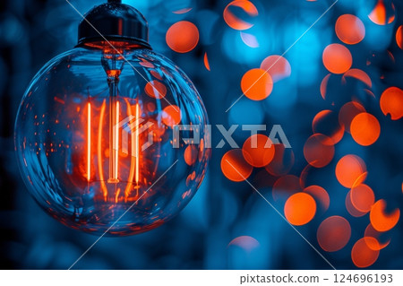 Vivid radiance of an incandescent lamp against a deep blue saturated background in close up Vivid radiance of an incandescent lamp against a deep blue saturated background in close up 124696193