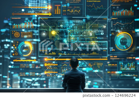 Business analyst employs technology and control panel for comprehensive data set analysis 124696224