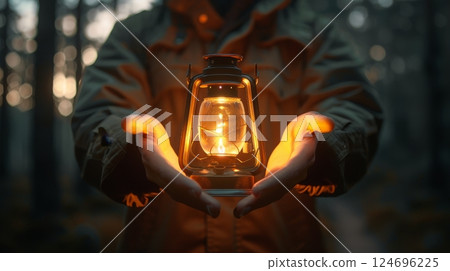 Person Holding A Luminous Kerosene Lamp In Hands At Dusk In Forest. Light, Hope, And Warmth Concept. Person Holding A Luminous Kerosene Lamp In Hands At Dusk In Forest. Light, Hope, And Warmth Concept. 124696225