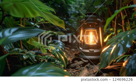 A vintage kerosene lamp lights up a narrow forest path, creating an aura of solitude and mystery 124696226
