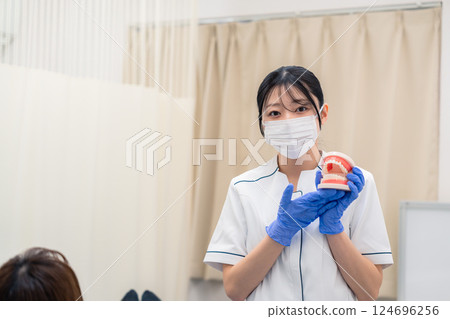 A female dental assistant explaining to a patient using a tooth model 124696256