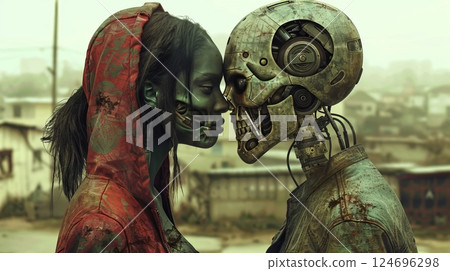 Post-apocalyptic Love Cyborg Couple Embraces, Symbolizing Hope Amidst Ruin and Transformation. Post-apocalyptic Love Cyborg Couple Embraces, Symbolizing Hope Amidst Ruin and Transformation. 124696298