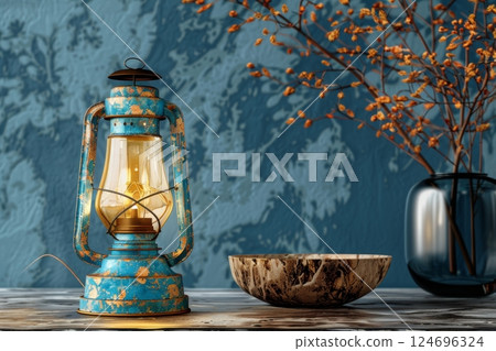 Rustic antique kerosene lamp displayed against a deep blue studio background in 3d render Rustic antique kerosene lamp displayed against a deep blue studio background in 3d render 124696324