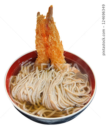 Top view of Japanese Tenpura soba noodles in a ceramic bowl, focus selective 124696349
