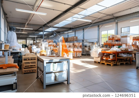 Efficient warehouse: high racks, supervisory monitoring narrow aisles for streamlined storage 124696351