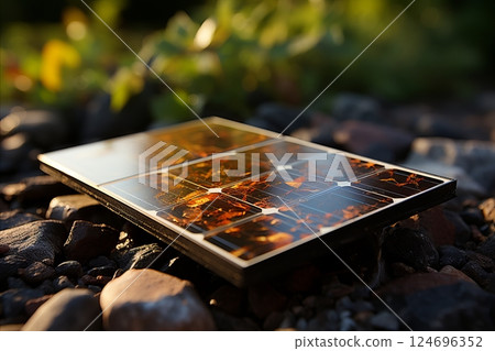 Solar Panel Texture and Details on Rooftop. Close-Up Shot with Sunlight Reflection Solar Panel Texture and Details on Rooftop. Close-Up Shot with Sunlight Reflection 124696352