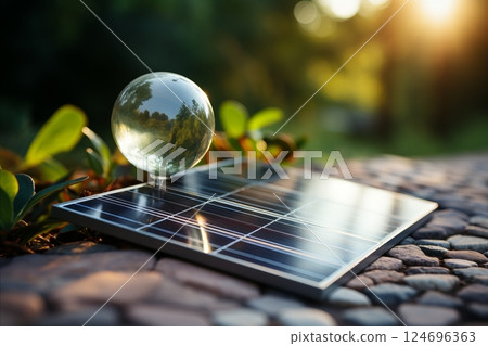 Close-Up Shot of Solar Panel Texture and Details on Rooftop with Sunlight Reflection 124696363