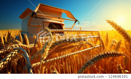 Beautiful panoramic landscape of ripe wheat field being harvested by combine and machinery in summer 124696391