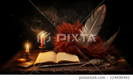 Vintage bronze candle holder amidst antique manuscripts, inkwell, and quill on table Vintage bronze candle holder amidst antique manuscripts, inkwell, and quill on table 124696462