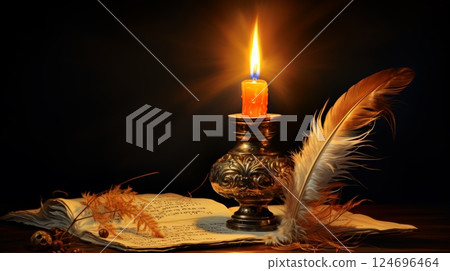Vintage bronze candle holder with ancient manuscripts, inkwell, and quill displayed on a table Vintage bronze candle holder with ancient manuscripts, inkwell, and quill displayed on a table 124696464