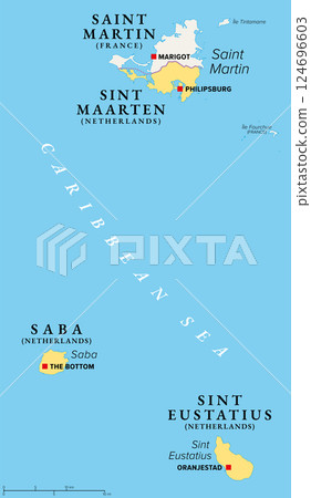 SSS Islands of the Dutch Caribbean, political map. Sint Maarten, Sint Eustatius, and Saba. Also known as Windward Islands located within Leeward Islands group of Lesser Antilles in the Caribbean Sea. SSS Islands of the Dutch Caribbean, political map. Sint Maarten, Sint Eustatius, and Saba. Also known as Windward Islands located within Leeward Islands group of Lesser Antilles in the Caribbean Sea. 124696603