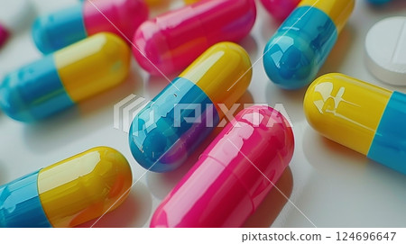 Vivid 3d pills in close up, multicolored, scattered on white surface for medical concept 124696647